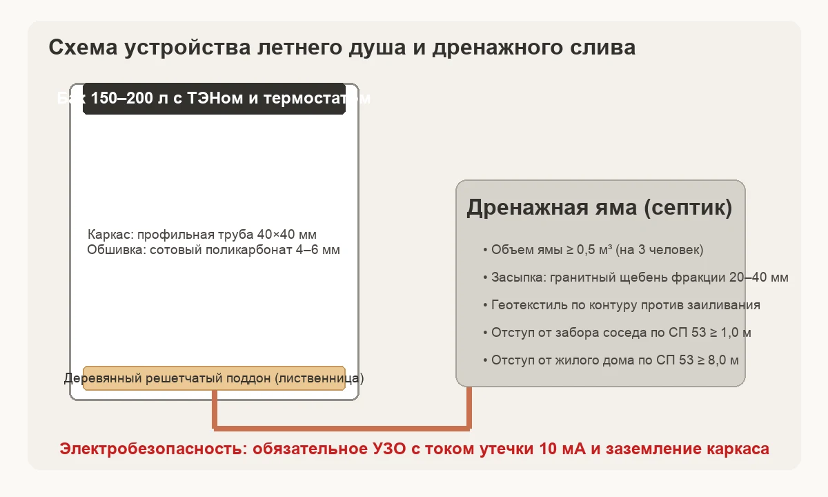 Конструкция летнего душа: кабина из профильной трубы, бак с подогревом и устройство дренажной ямы по СП 53