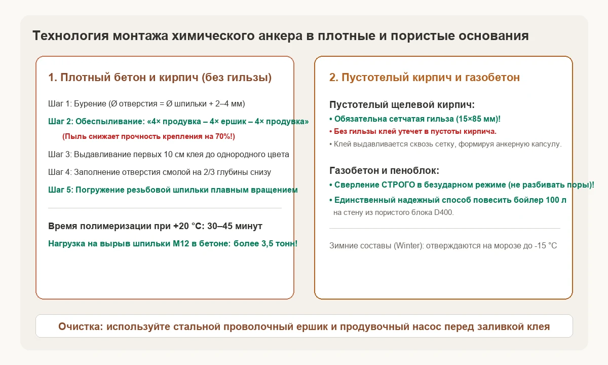 Пошаговый регламент монтажа химического анкера: схема обеспыливания и применение сетчатых гильз в пустотелом кирпиче.