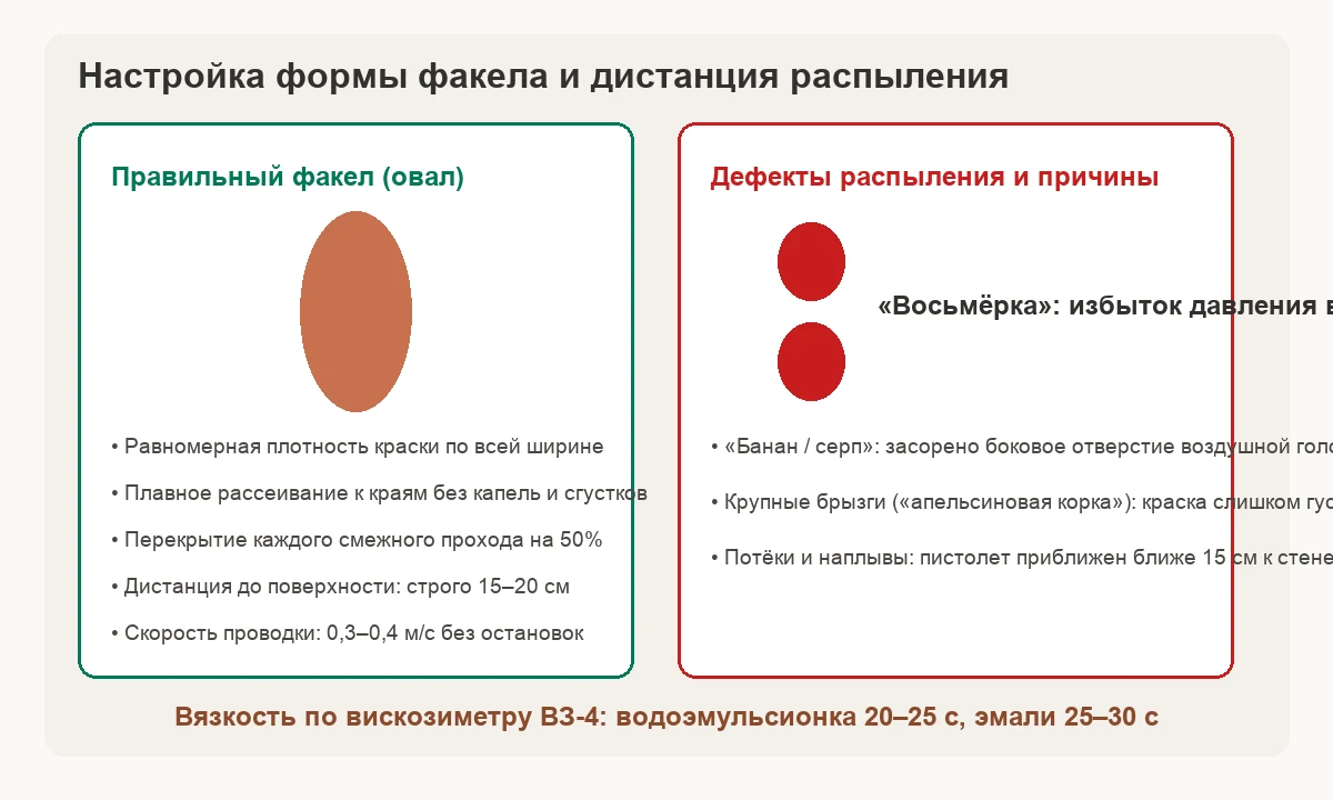 Настройка формы факела краскопульта: правильный овал, дефекты распыления и дистанция проводки
