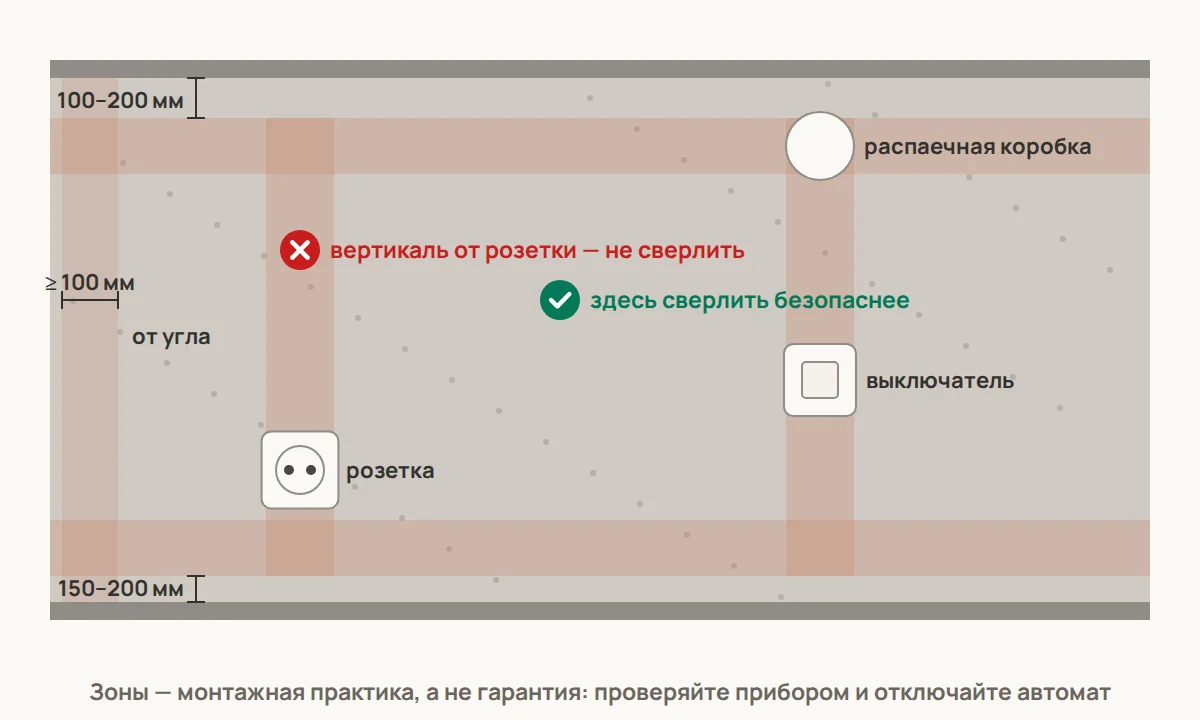 Карта вероятных трасс: вертикали вверх и вниз от розеток, выключателей и коробок, горизонтали под потолком и над полом, полосы вдоль углов и проёмов. Сверлить безопаснее вне этих зон; ширину найденной полосы отмечают целиком, а не одной линией