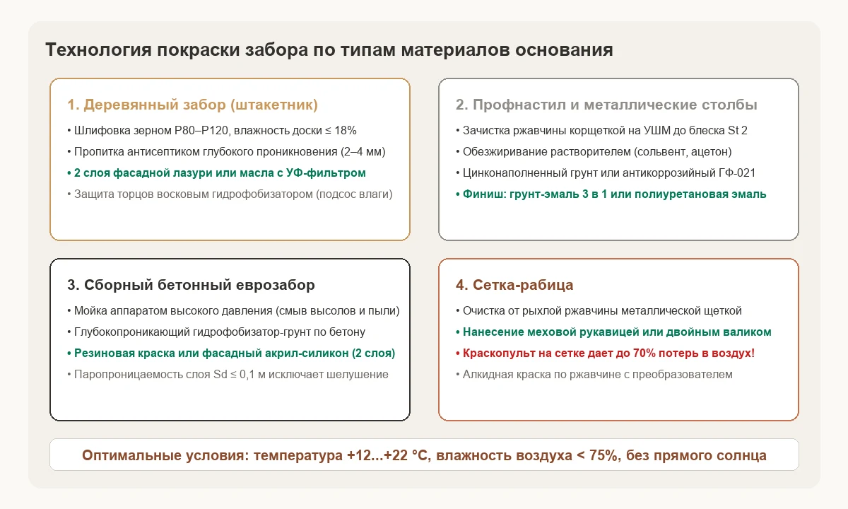 Технологические карты подготовки и покраски забора: дерево, металлопрофиль, бетонные секции и сетка-рабица.