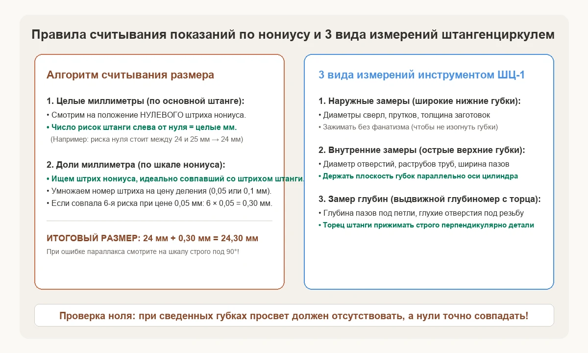 Алгоритм считывания десятых долей миллиметра по нониусу и правила проведения 3 видов измерений.