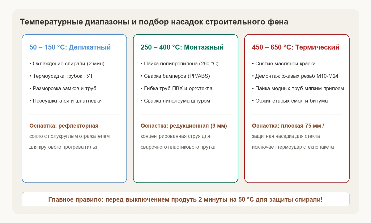 Температурные диапазоны и подбор насадок строительного фена: деликатный, монтажный и термический режимы.