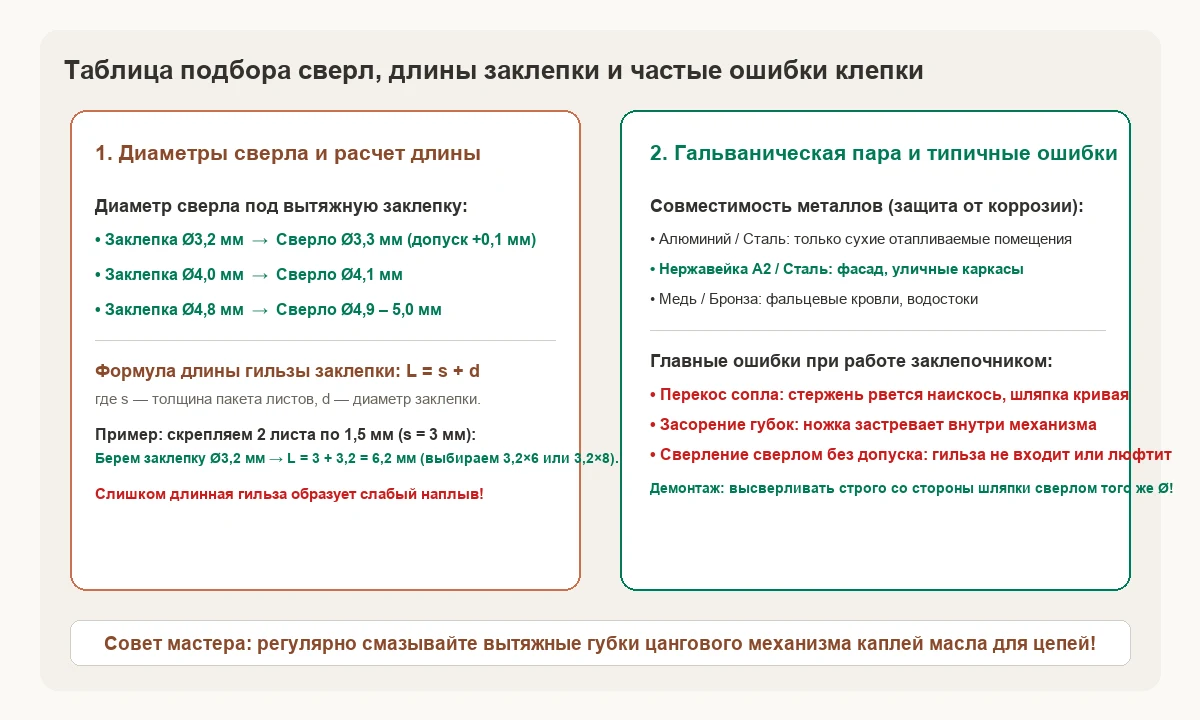 Рис. 1. Инструкция по клепке: расчет длины гильзы L = s + d, таблица диаметров сверла и уход за цанговым механизмом