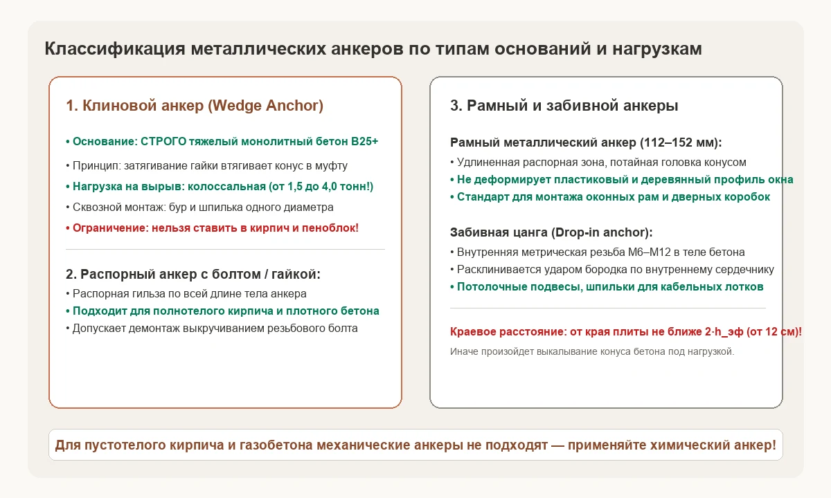 Классификация металлических анкеров по типу расклинивания, несущей способности и материалам основания.