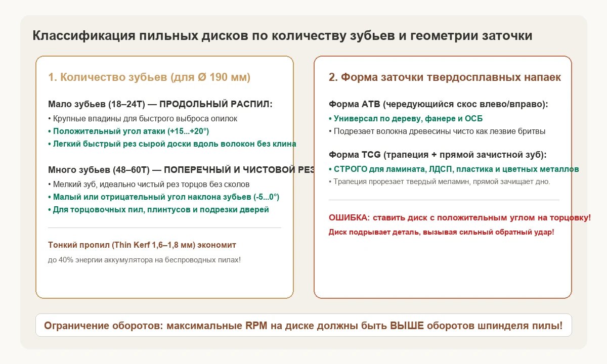 Классификация пильных дисков по количеству зубьев, углу атаки и геометрии твердосплавных напаек.