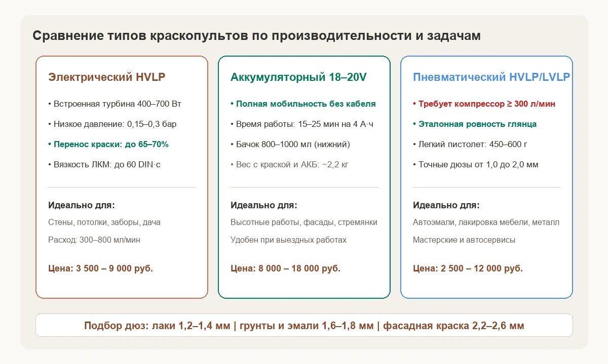 Сравнение типов краскопультов по производительности, коэффициенту переноса ЛКМ и назначению.