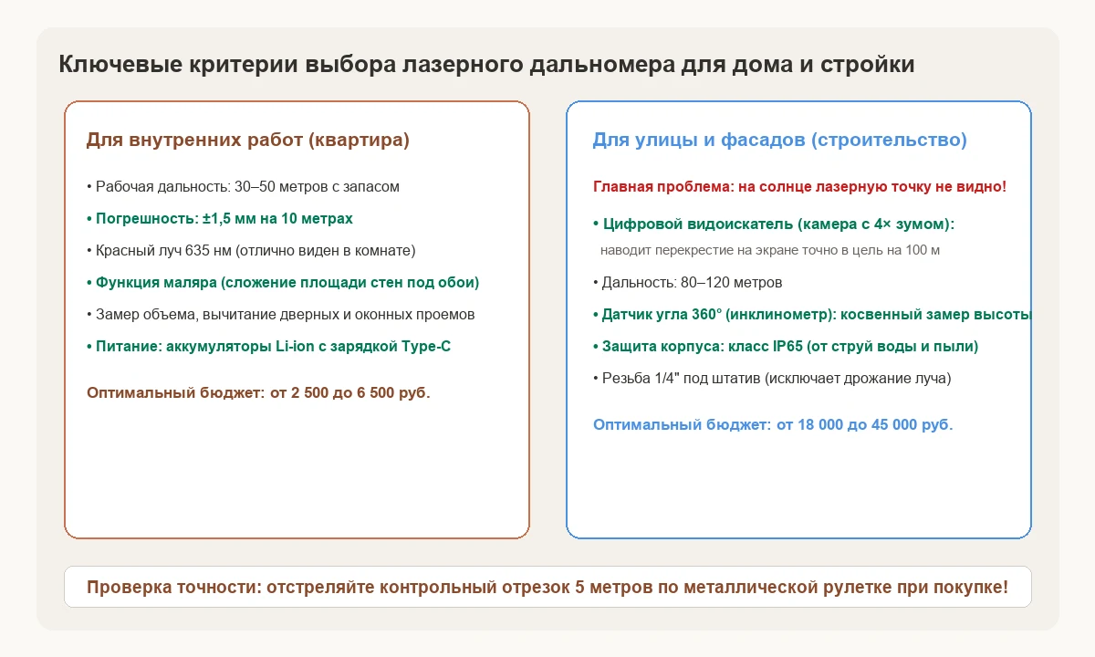 Критерии подбора лазерного дальномера для помещений и профессиональных уличных измерений.