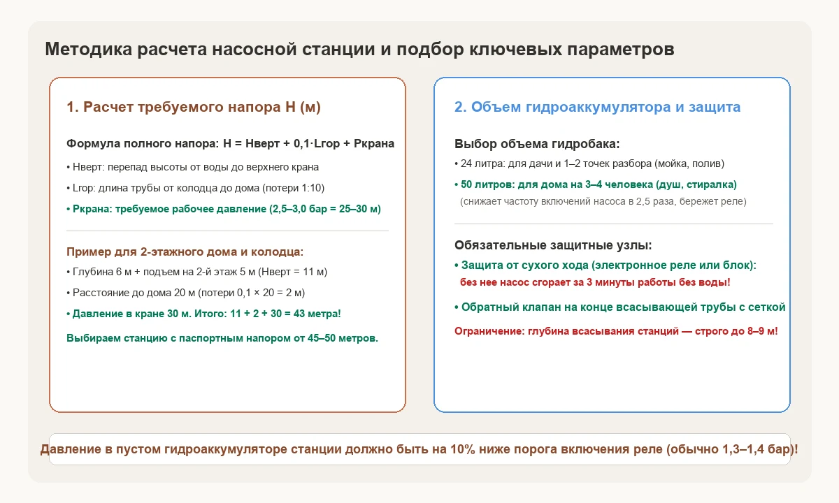 Рис. 1. Методика расчета требуемого напора H насосной станции, подбор объема гидроаккумулятора и узлы защиты от сухого хода