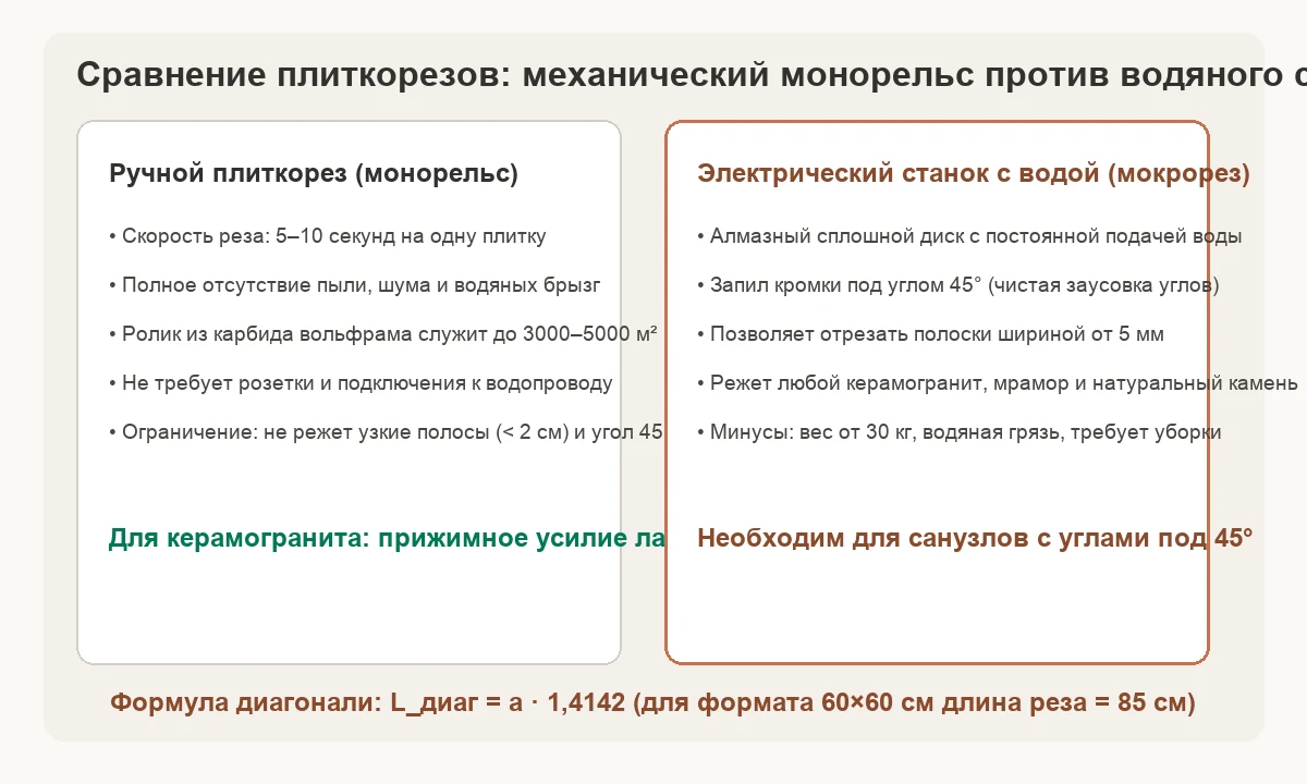 Сравнение ручного механического плиткореза и электрического станка с водяным охлаждением