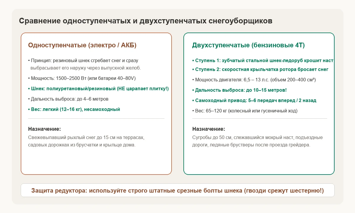Сравнение одноступенчатой резиновой и двухступенчатой стальной роторной систем выброса снега.