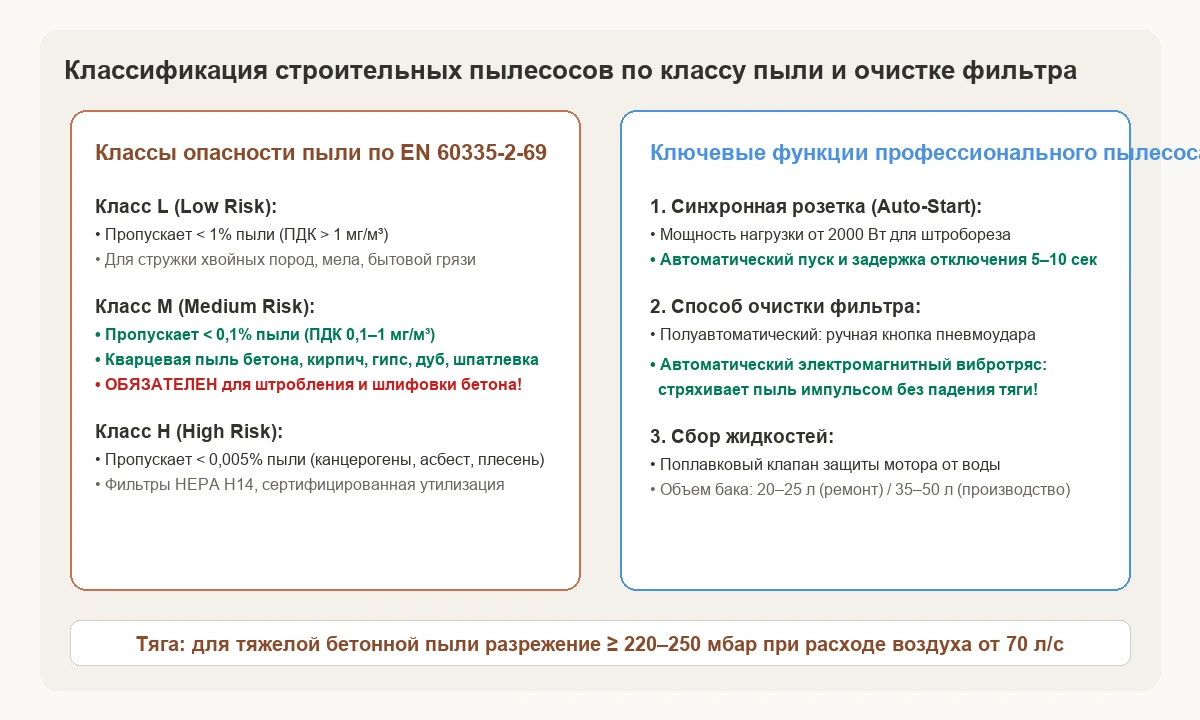 Классификация пылесосов по классу опасности пыли L, M, H и устройство систем виброочистки фильтров.