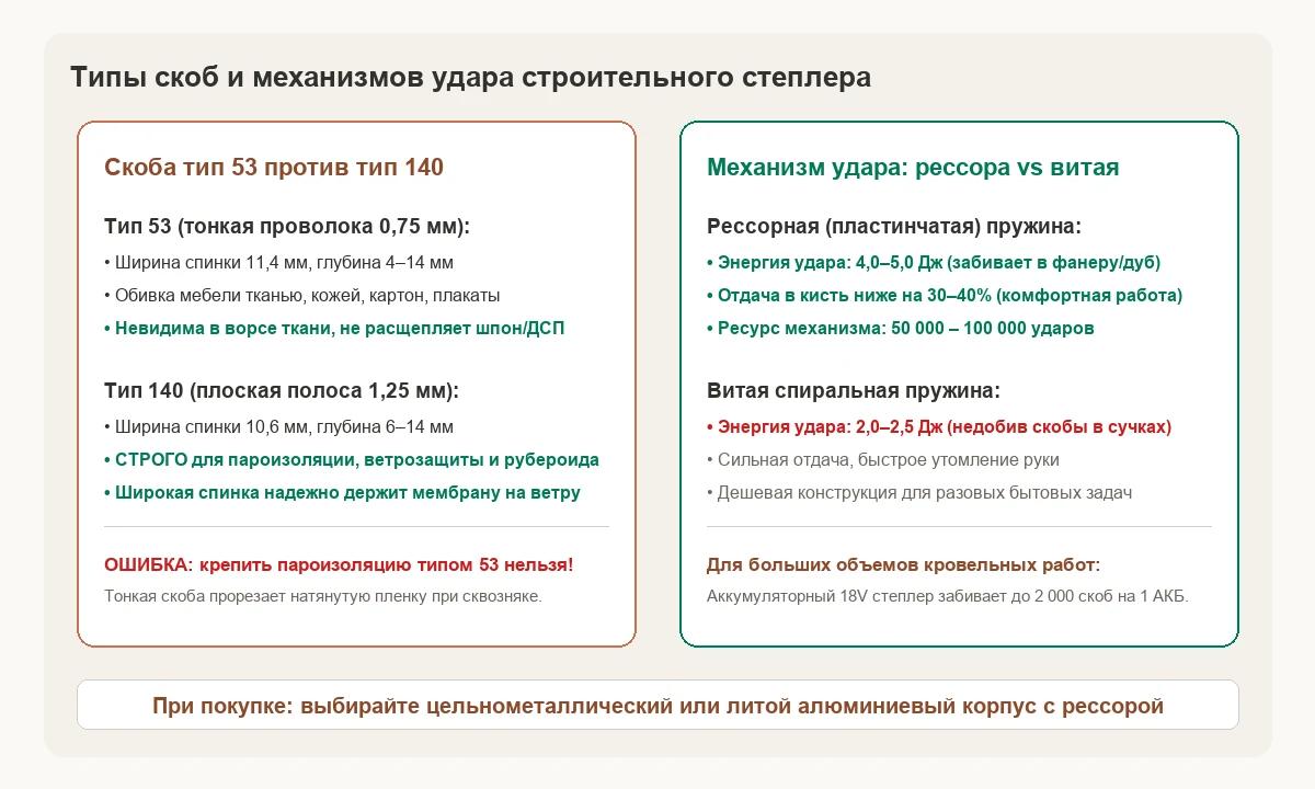 Классификация скоб тип 53 и 140, а также сравнение рессорного и спирального механизмов удара.