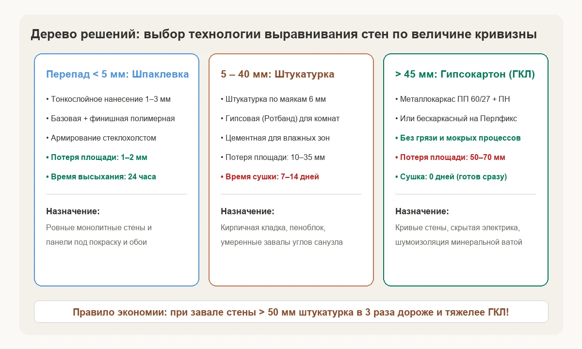 Дерево решений: выбор технологии выравнивания стен в зависимости от величины перепада плоскости.