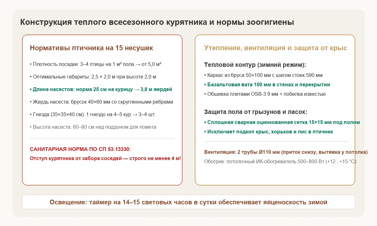Конструкция теплого всесезонного курятника, устройство насестов, гнезд и схема антикрысиной защиты.