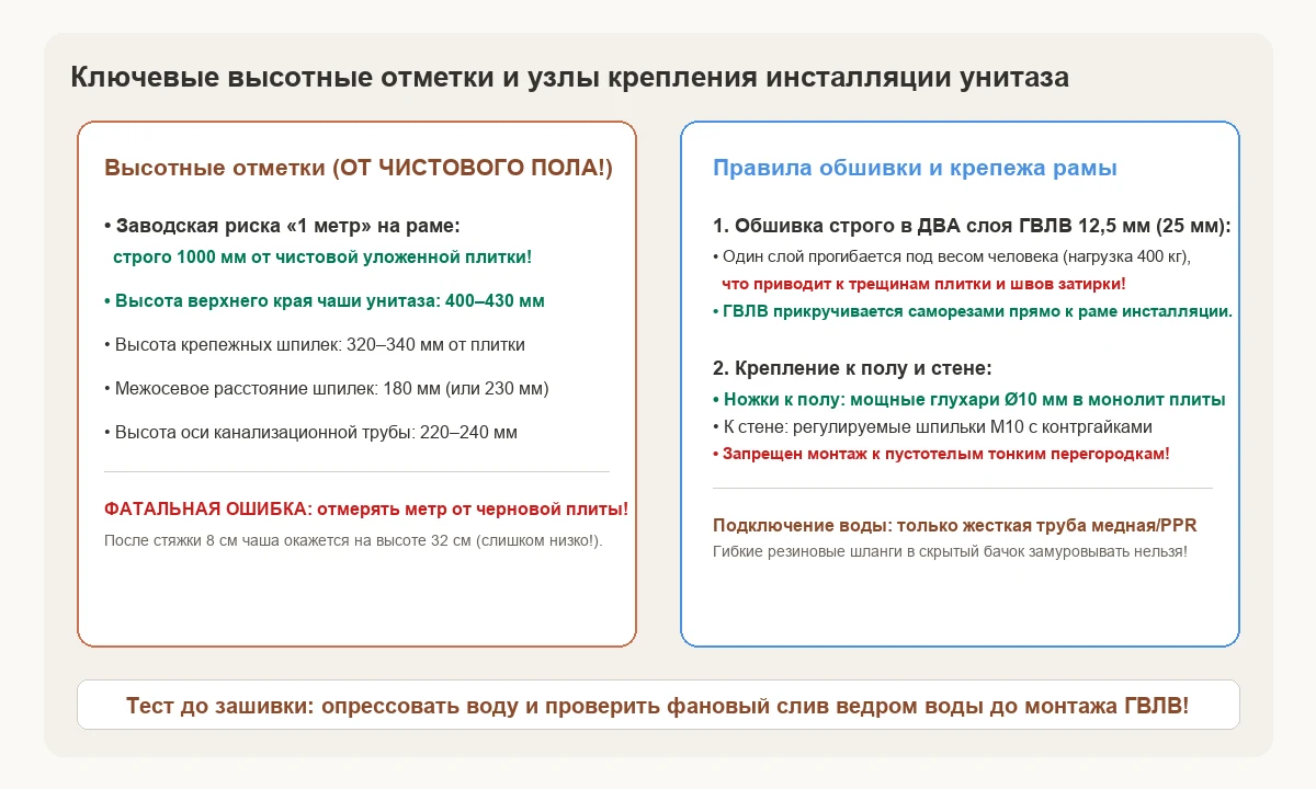 Высотные отметки рамы инсталляции от чистового пола и схема двухслойной обшивки листами ГВЛВ.