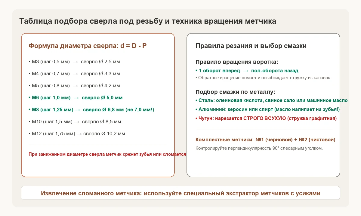 Таблица подбора диаметра сверл под резьбы М3–М16 и техника циклического резания воротком.