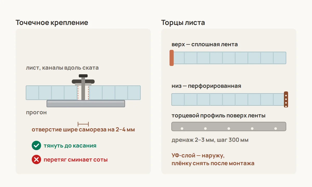 Узел крепления сотового поликарбоната: каналы вдоль ската, верхний торец под сплошной лентой, нижний — под перфорированной, оба под торцевым профилем; отверстие под саморез на 2–4 мм больше его диаметра, не ближе 40 мм от края листа, термошайба затянута д