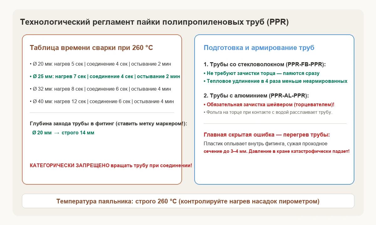 Технологическая таблица времени нагрева труб PPR по диаметрам и схема зачистки армированных слоев.