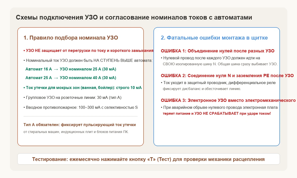 Схемы подключения УЗО с группой автоматических выключателей и правила разделения нулевых шин N.