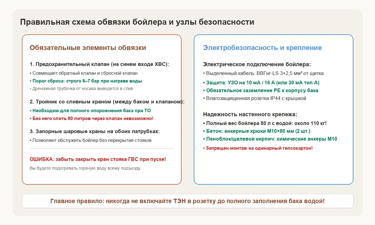 Классическая схема гидравлической обвязки бойлера со сбросным клапаном и сервисным тройником слива.