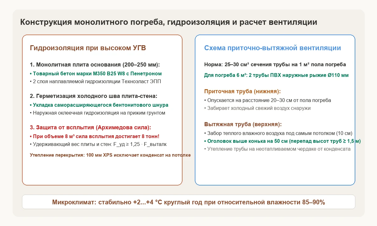 Схема монолитного подземного погреба: гидроизоляционный контур, приточно-вытяжная вентиляция и теплоизоляция перекрытия.