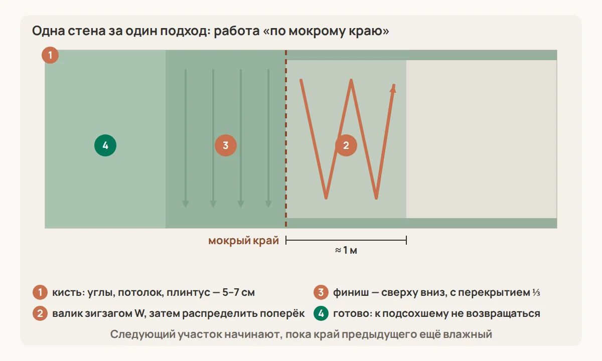 Порядок работы на одной стене: сначала кистью прокрашивают углы и примыкания, затем валиком наносят краску полосами около метра шириной, распределяют её и завершают вертикальными проходами сверху вниз, каждый раз заходя на ещё влажный край