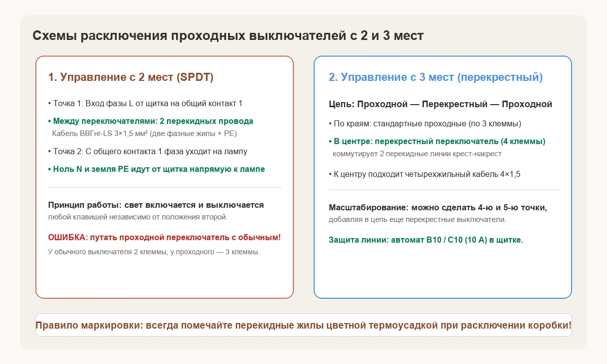 Принципиальные схемы расключения проходных переключателей с 2 мест и с 3 мест с перекрестным блоком.