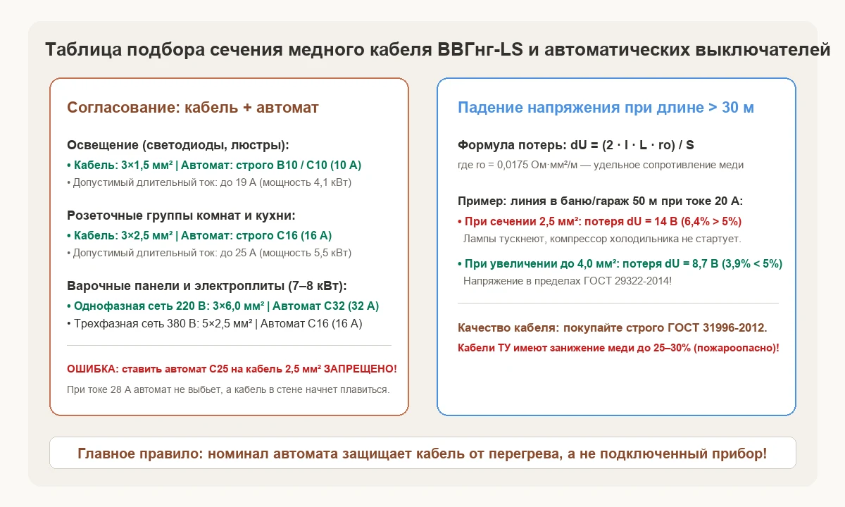 Таблица соответствия сечений медного кабеля, токовых нагрузок и номиналов автоматов защиты по ПУЭ 7.