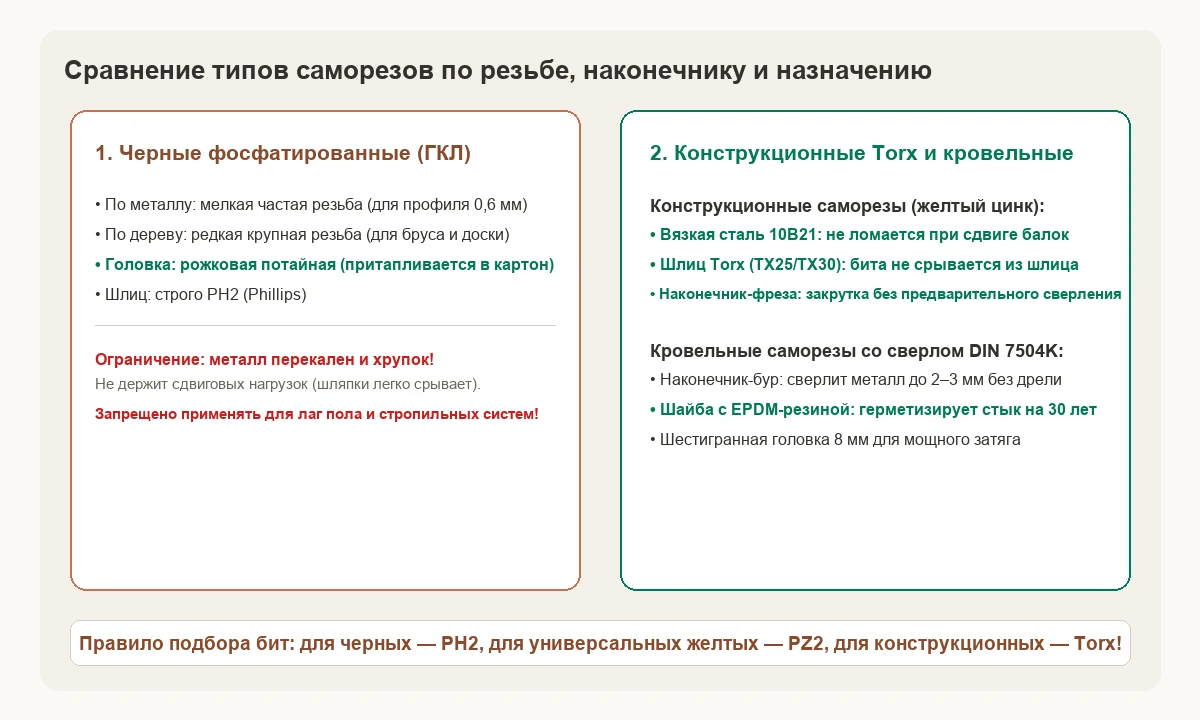 Сравнение черных фосфатированных, конструкционных винтов Torx и кровельных саморезов со сверлом.