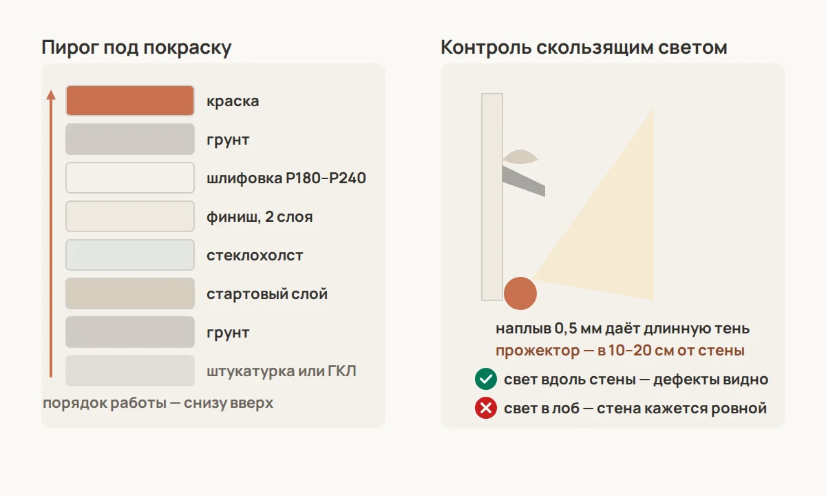 Слева — пирог под покраску: грунт, стартовый слой, стеклохолст, два финишных слоя, шлифовка, грунт, краска. Справа — прожектор ставят сбоку почти вплотную к стене: прямой свет дефекты прячет, скользящий их вытягивает