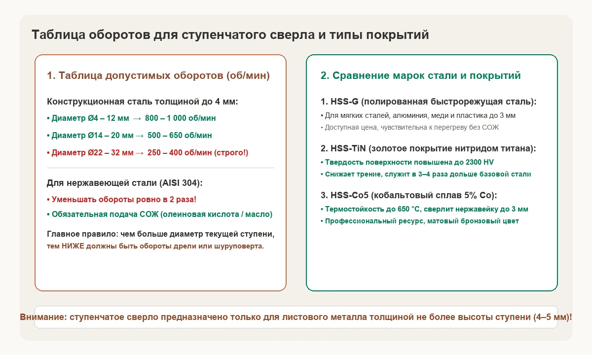 Рис. 1. Ступенчатые сверла: таблица допустимых оборотов шпинделя по диаметрам и сравнение быстрорежущих сплавов HSS-G, HSS-TiN и HSS-Co5