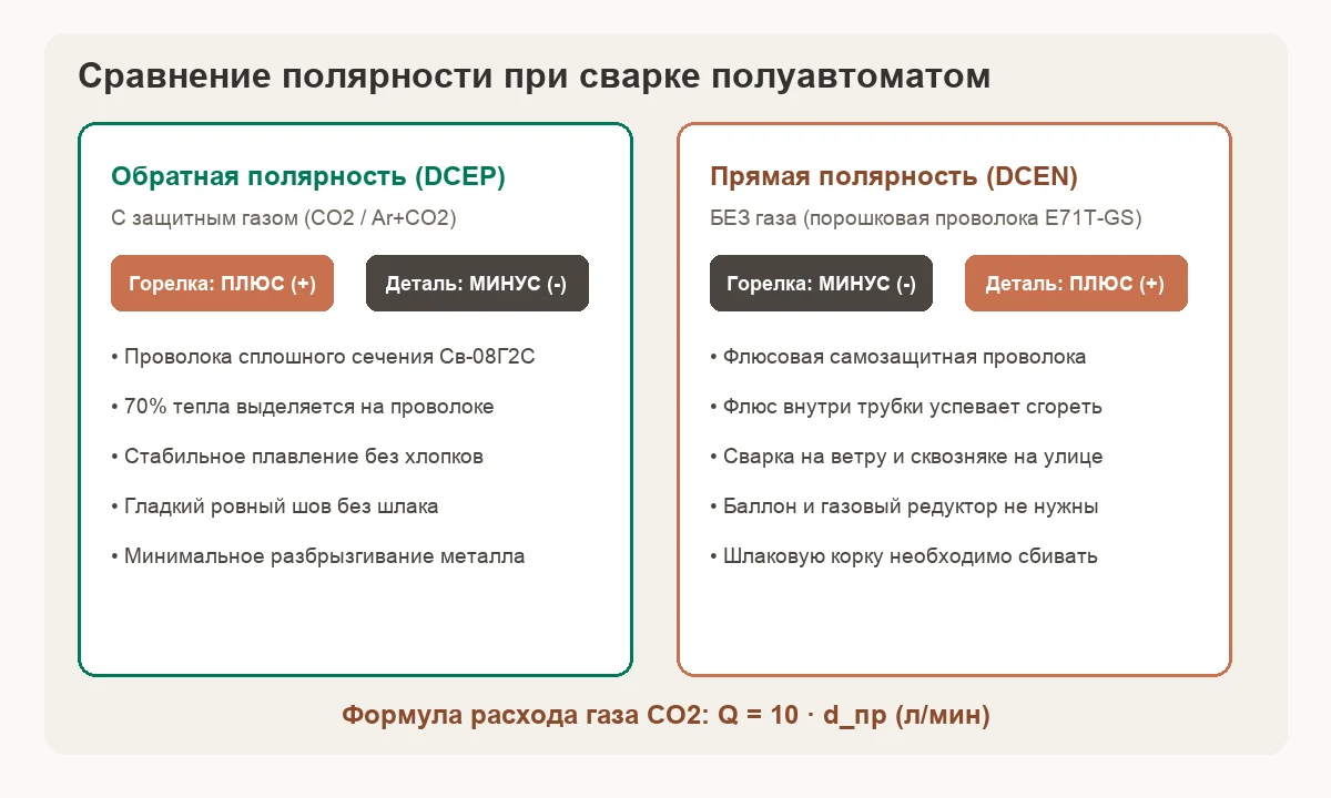 Сравнение полярности при сварке полуавтоматом: DCEP для газа против DCEN для флюсовой проволоки