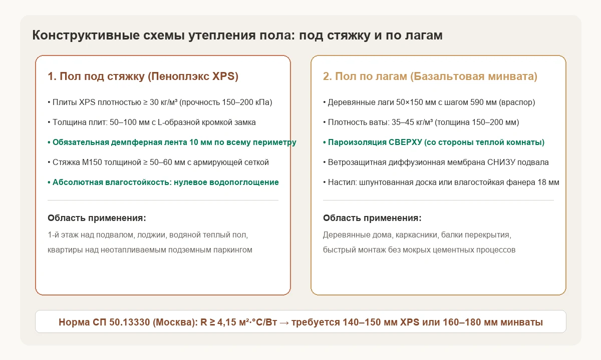Конструктивные схемы утепления пола: под плавающую стяжку (XPS) и по деревянным лагам (базальтовая вата).