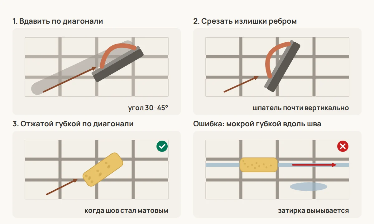 Затирка по шагам: шпатель под углом 30–45° проходит по диагонали к швам и вдавливает смесь, излишки срезаются ребром шпателя, затем отжатая губка формирует шов тоже по диагонали; справа — ошибка: мокрая губка вдоль шва вымывает затирку