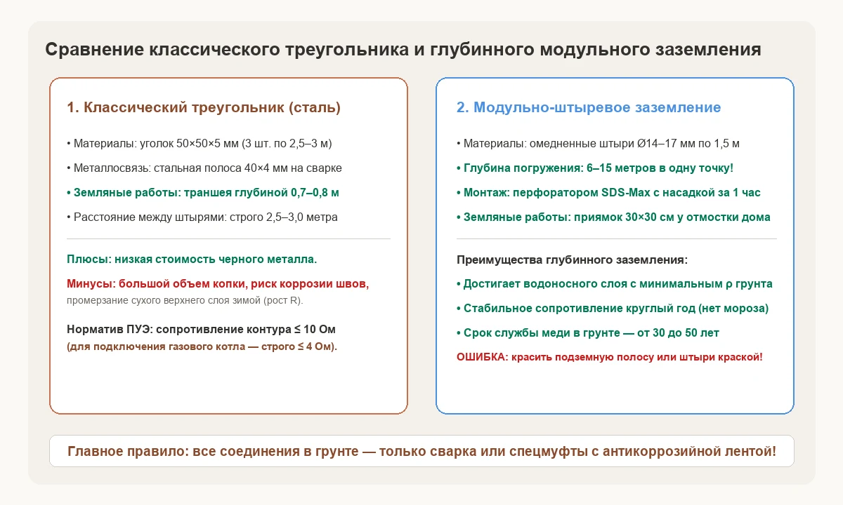 Рис. 1. Сравнение классического треугольника из уголка и глубинного модульного заземления: глубина, сопротивление и долговечность в грунте