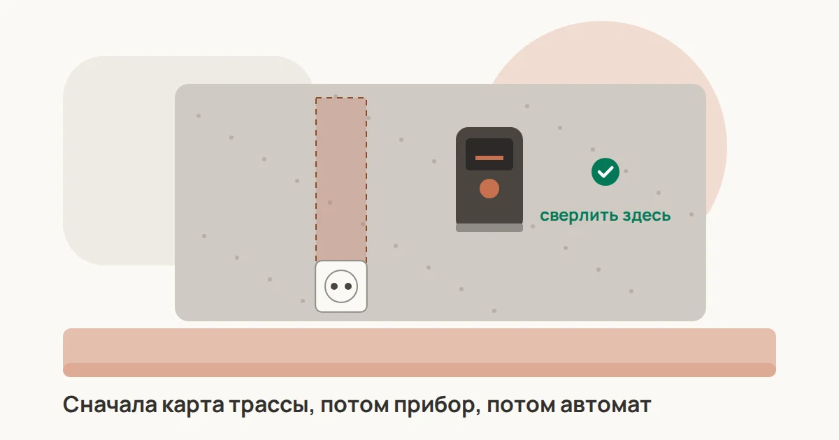 Детектор скрытой проводки на стене, отмеченная карандашом зона трассы кабеля от розетки, рядом перфоратор