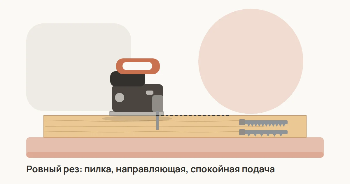 Электролобзик ведёт рез по направляющей рейке на листе ЛДСП, рядом набор пилок с разной маркировкой
