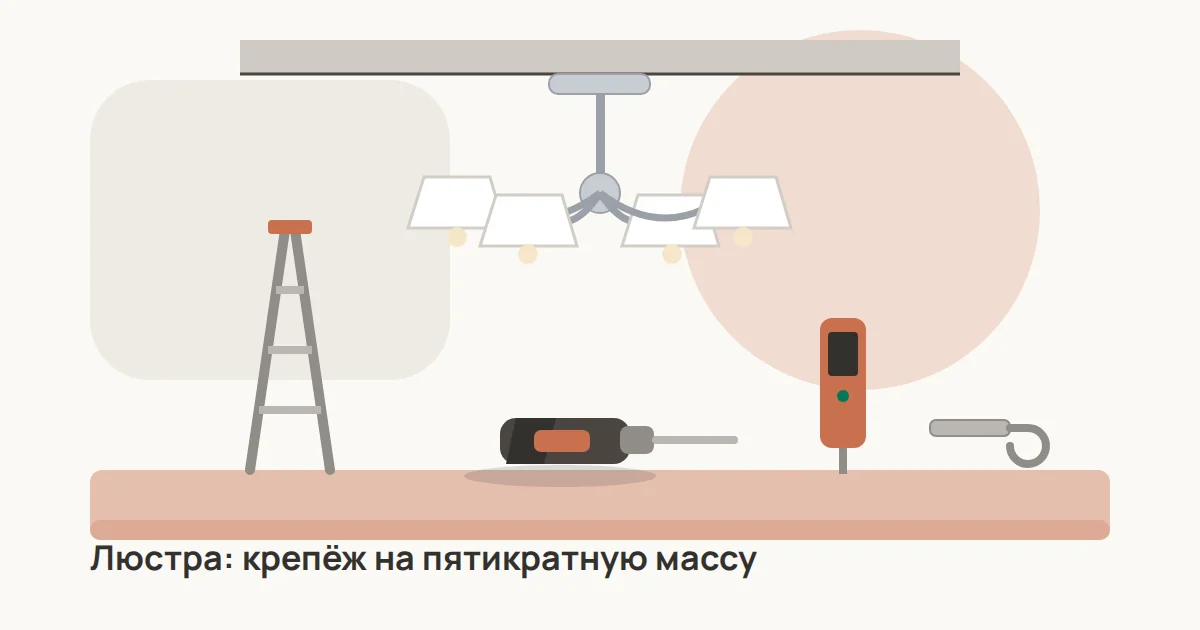 Люстра на потолке, под ней стремянка, перфоратор, указатель напряжения и анкер-крюк