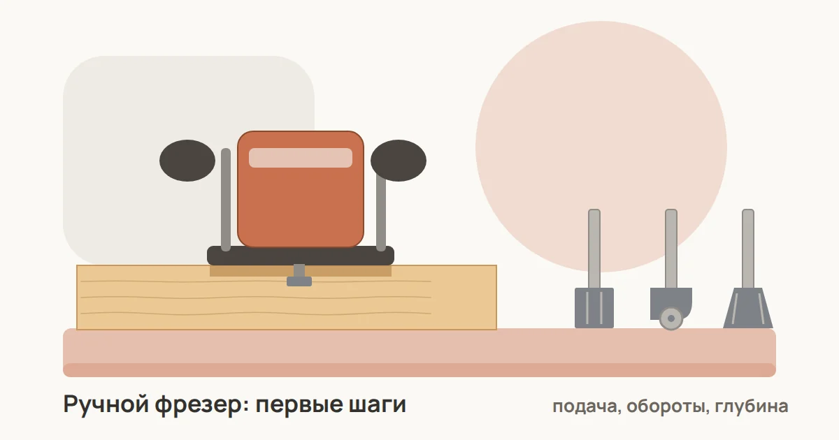 Ручной погружной фрезер на деревянном щите с параллельным упором, рядом набор твердосплавных фрез и струбцины