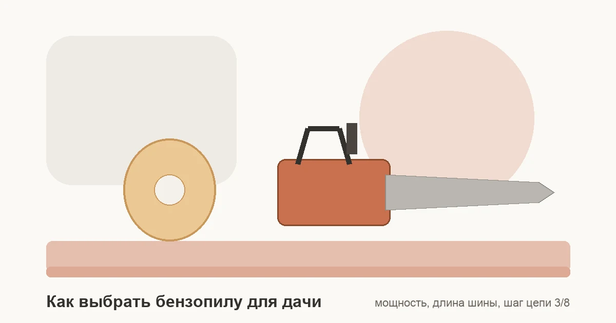 Схема выбора бензопилы для дома и дачи: длина шины, шаг цепи 3/8 дюйма, правильное натяжение и опасная зона отдачи.