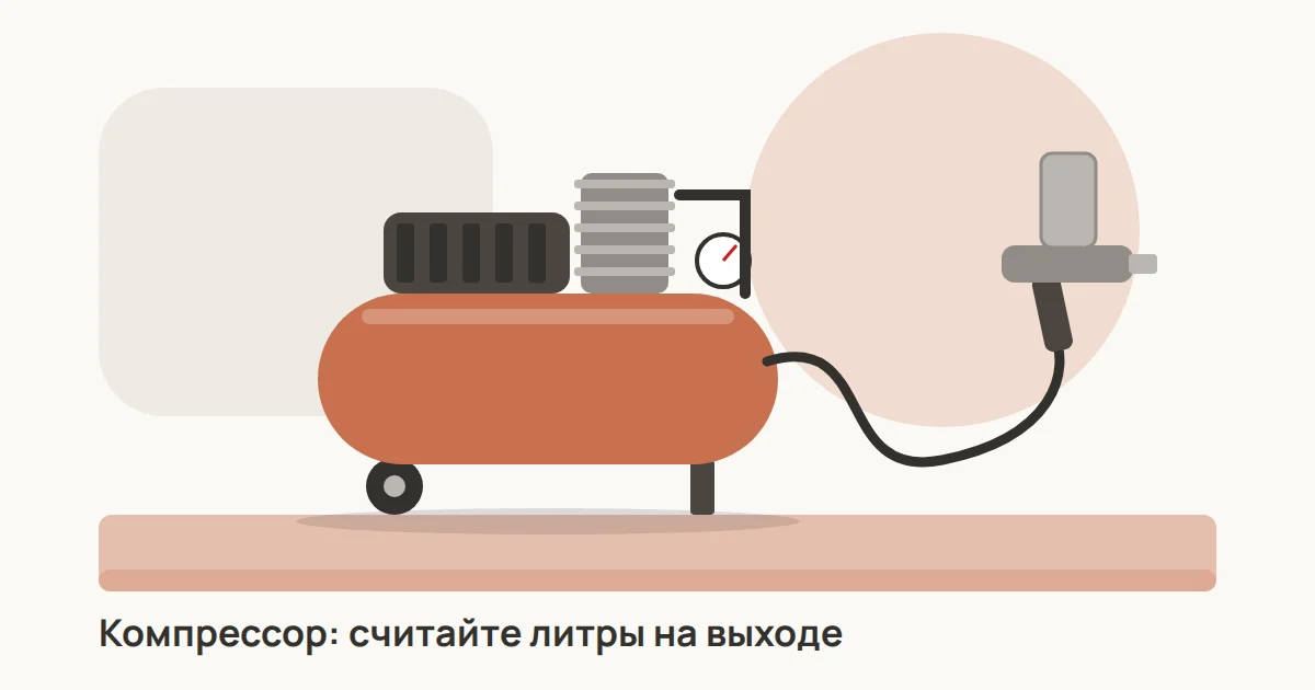 Поршневой компрессор с горизонтальным ресивером, шланг и краскопульт на подиуме