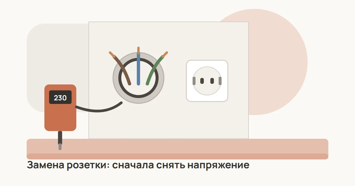 Снятая розетка и подрозетник в стене, рядом двухполюсный указатель напряжения, отвёртка и новый механизм с заземляющими контактами