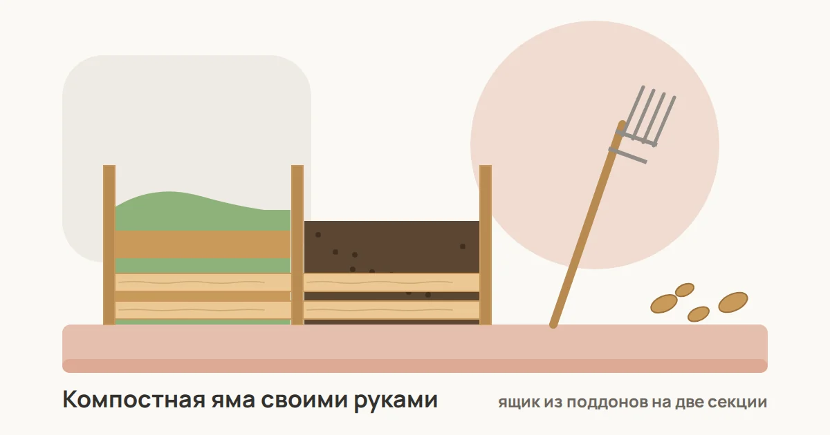 Деревянный компостер из поддонов на участке: слои листвы и травы, вилы и тачка рядом