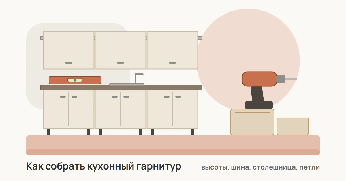Кухонный гарнитур в сборке: нижние модули на ножках, навесные шкафы на монтажной шине, уровень на столешнице