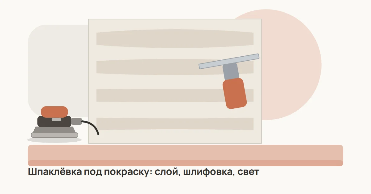 Стена под покраску, широкий шпатель со шпаклёвкой, орбитальная шлифмашина и прожектор, подсвечивающий стену вскользь