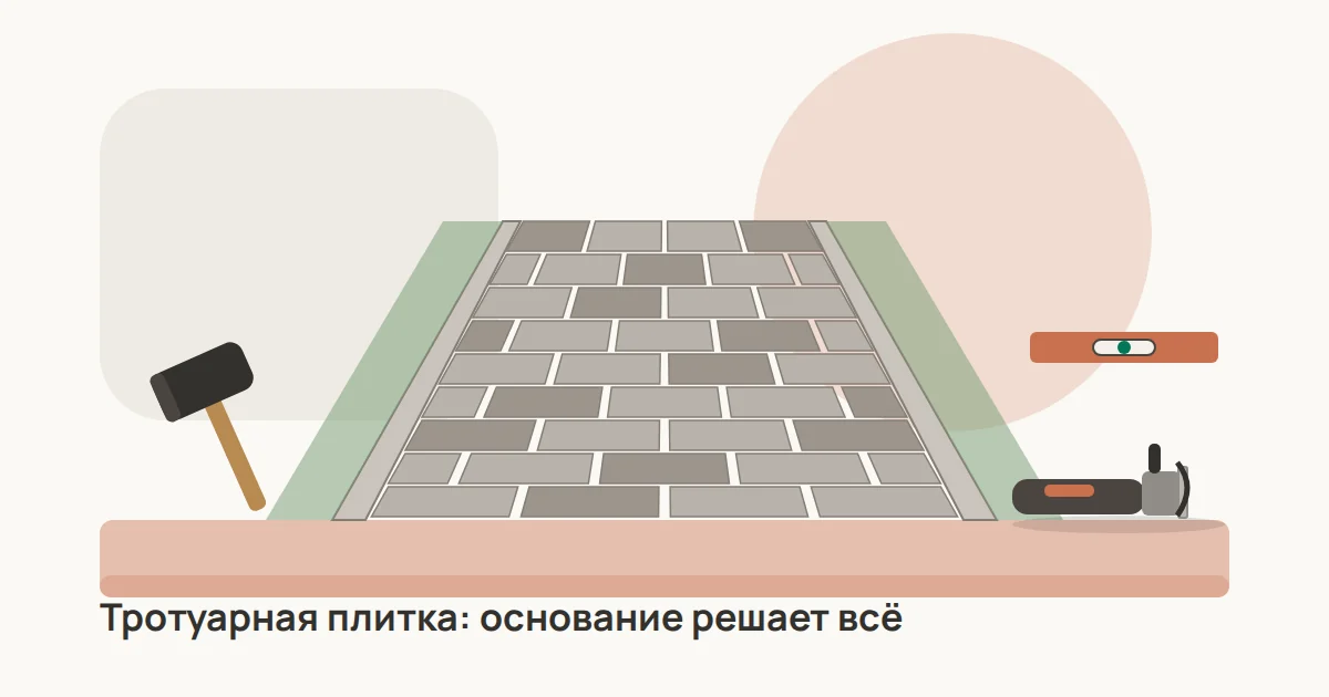 Садовая дорожка из серой тротуарной плитки «кирпичик» с бордюром, рядом резиновая киянка, болгарка и уровень
