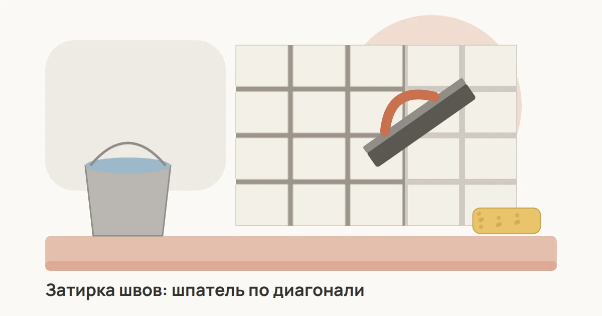 Плиточная стена с частично заполненными швами, резиновый шпатель для затирки, ведро с водой и губка
